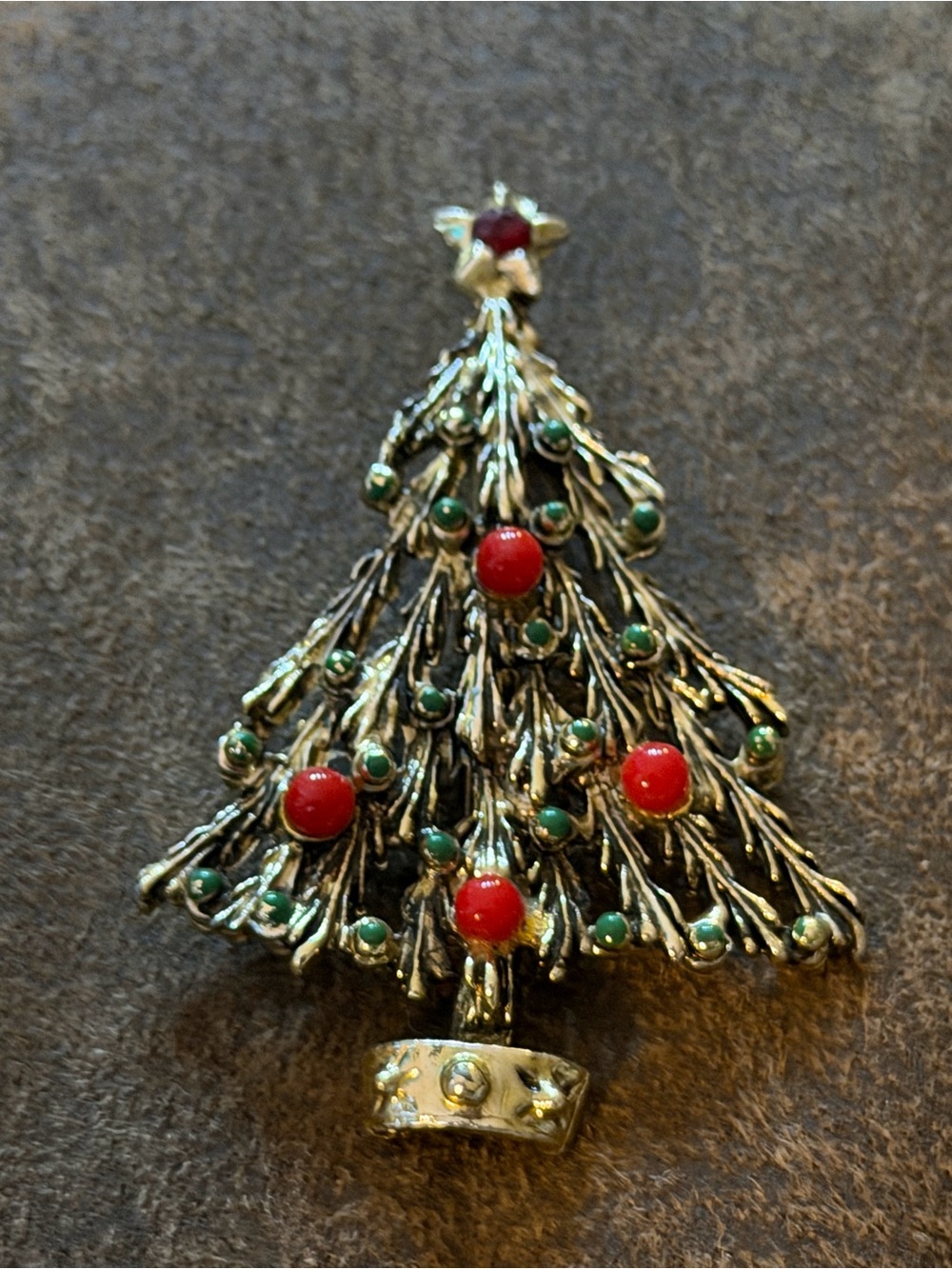 Gold-Tone Christmas Tree Brooch with Red and Green Accents